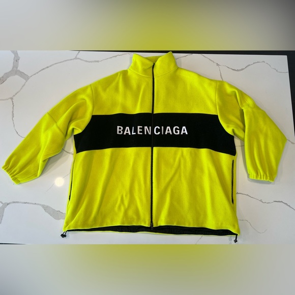 NWT Balenciaga Logo Yellow Fluo Wool Oversized Jacket Drawcord Hem 571439 - Picture 2 of 16